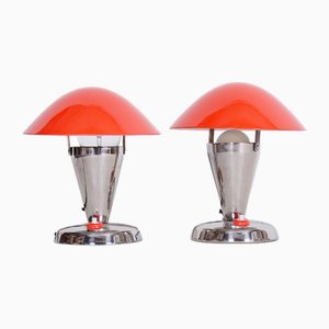 Bauhaus Red Chrome Table Lamps attributed to Napako, 1930s, Set of 2