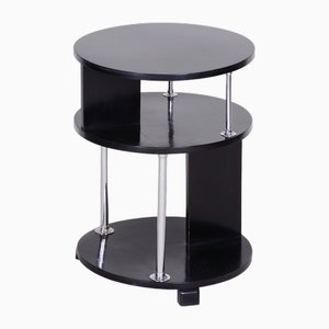 Small Bauhaus Black Round Side Table in Chrome-Plated Steel & Beech, 1930s