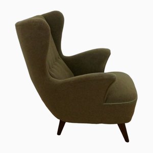 Danish Olive Green Mohair Wing Lounge Chair, 1950s