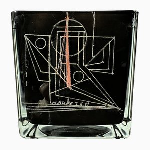 Kubistische Vase aus schwarzem Opalglas von Anatole Riecke, 1959