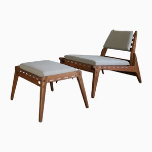 Chaise de Chasse Mid-Century avec Ottomane en Chêne, Allemagne, 1960, Set de 2