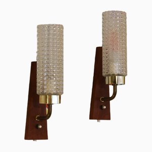 Vintage Danish Wall Sconces in Teak and Waffled Glass, 1960s, Set of 2