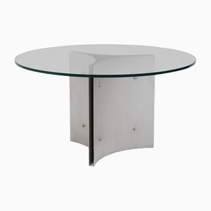 Mesa de comedor de pedestal redonda de acero y vidrio, años 70