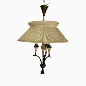 Mid-Century Brass Chandelier with Fabric Lampshade, 1950s