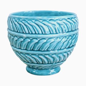 Maceta española de cerámica esmaltada en azul, años 40
