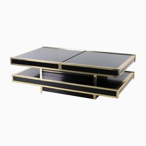 Vintage Coffee Table in Black Lacquered Glass and Gilded Metal, 1970s
