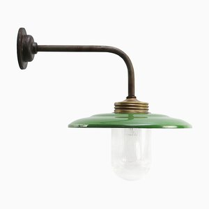 Vintage Industrial Brass and Glass Wall Light in Green Enamel