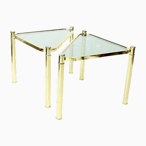 Triangle Brass Side Tables with Glass, Former Czechoslovakia, 1970s, Set of 2