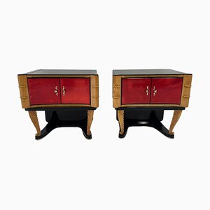 Italian Art Deco Black Carved Maple and Cherry Red Parchment Nightstands, 1940s, Set of 2