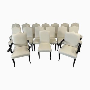 Italian Art Deco Style Cream Velvet and Black Lacquered Chairs, 1980s, Set of 16