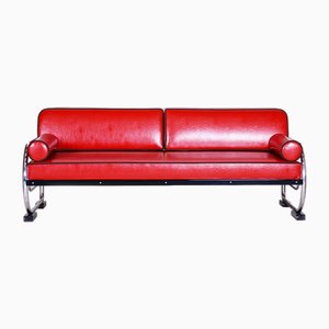 Rotes Bauhaus Sofa aus verchromtem Stahlrohr, Robert Slezák zugeschrieben, 1930er