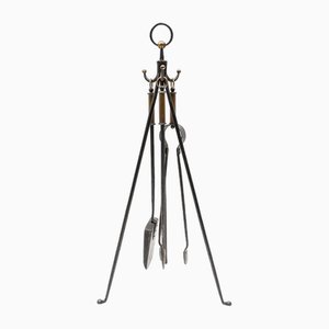 Hand Forged Iron and Brass Tripod Stand with Fireplace Tools, Austria, 1950s, Set of 4