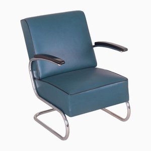 Art Deco Tubular Armchair in Chrome-Plated Steel & Blue Leather attributed to Mücke-Melder, 1930s