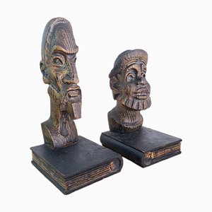 Brutalist Bookends in Carved Wood by Don Quixote & Sancho, 1970s, Set of 2