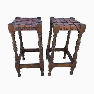 Tabourets Mid-Century en Cuir et Bois, Espagne, Set de 2