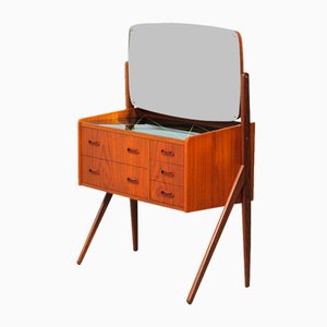 Fully Restored Danish Teak Dressing Table and Nightstands with Decorated Glass Tops, 1960s, Set of 3