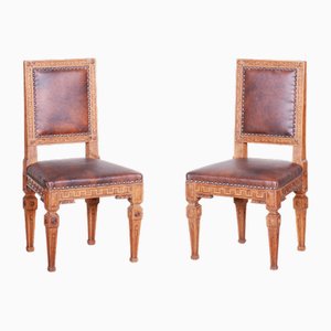 Antique Biedermeier Chairs in Oak and Leather, 1800s, Set of 2