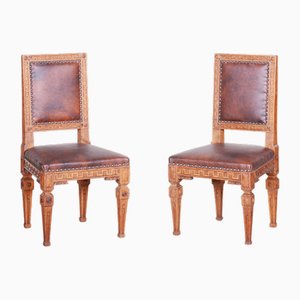 Set of Antique Biedermeier Chairs in Oak and Leather, 1800s