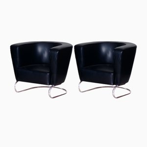 Art Deco Black Armchairs in Leather by Jindrich Halabala for Up Závody, 1930s, Set of 2