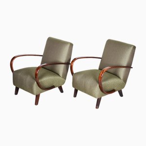 Art Deco Armchairs in Beech and Green Fabric attributed to Jindřich Halabala for Up Závody, Former Former Czechoslovakiaoslovakia, 1930s, Set of 2