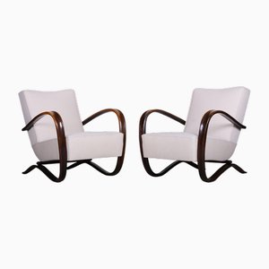 Art Deco Model H-269 Lounge Chairs in Beech and White Upholstery attributed to Jindřich Halabala for Up Závody, Former Czechoslovakia, 1930s, Set of 2