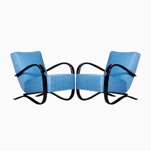 Art Deco Model H-269 Lounge Chairs in Beech and Blue Upholstery attributed to Jindřich Halabala for Up Závody, Former Czechoslovakia, 1930s, Set of 2