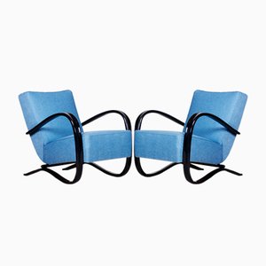Set of Art Deco Model H-269 Lounge Chairs in Beech and Blue Upholstery attributed to Jindřich Halabala for Up Závody, Former Czechoslovakia, 1930s