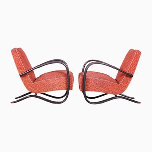 Art Deco Model H-269 Lounge Chairs in Beech and Red Upholstery attributed to Jindřich Halabala for Up Závody, Former Czechoslovakia, 1930s, Set of 2