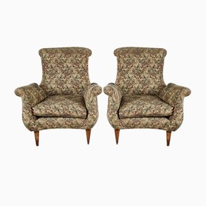 Vintage Italian Floral Armchairs with Wooden Feet and Padded Pillow, 1970, Set of 2