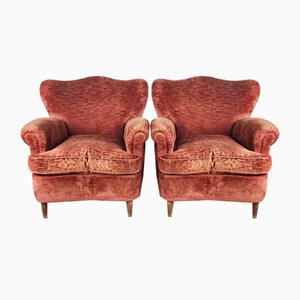 Large Buffered Armchairs in Red Fabric with Wooden Feet, 1950, Set of 2