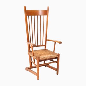 Arts & Crafts Art Nouveau High Back Armchair in Oak with Rush Seat, 1900s