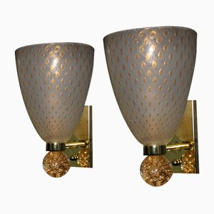 Pulegoso Murano Glas Wandlampen mit Glitzer und goldenen Blasen im Stil von Barovier, 1980er, 2er Set