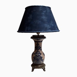 Antique Table Lamp with Beige-Blue Ceramic Foot, 1890s