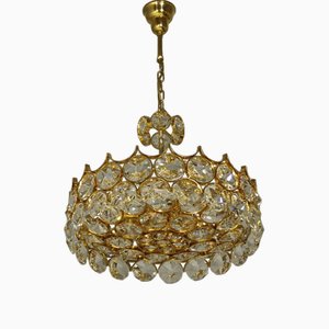 Chandelier in Gold Plate and Faceted Crystals from Palwa, 1970s