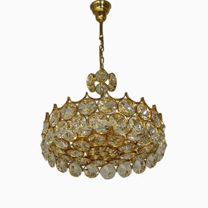 Lámpara de araña de baño dorado y cristales facetados de Palwa, años 70