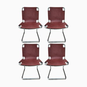 Metal and Leather Chairs in the style of Pascal Mourgue, 1970s, Set of 4