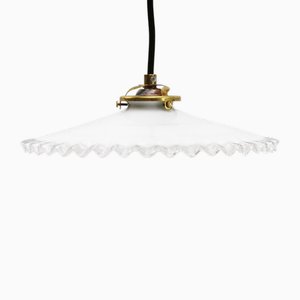French White Opaline Milk Glass and Brass Pendant Lamp