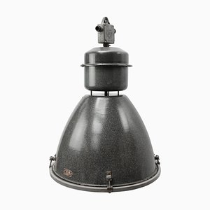 Grande Lampe à Suspension Industrielle Vintage en Verre et Émail Gris