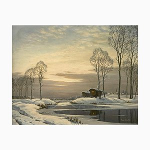 Roger Charles Desoutter, Paesaggio fluviale in inverno con roulotte, 1981, Olio su tela