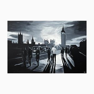 Angela Wakefield Dipinto in bianco e nero di Westminster Bridge a Londra di British Urban Artist, 2010