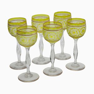 Thistle Engraving Green Wine Glasses, France, 1910s, Set of 6