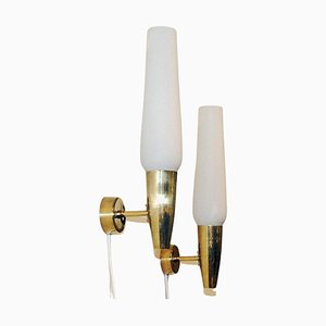 Brass and Opaline Glass Cylinder Wall Lamps from Asea, Sweden, 1950s, Set of 2