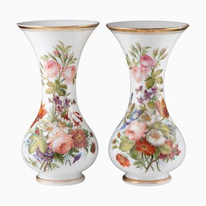 Vasi in vetro opalino dipinti con motivi floreali, XIX secolo, set di 2
