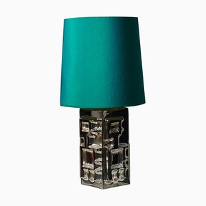 Vintage Swedish Modern Square Glass Table Lamp with Original Green Shade, 1960s