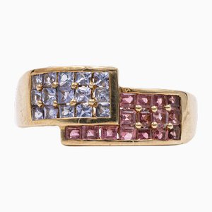 Vintage 9k Yellow Gold Ring with Pink and Lilac Sapphires, 1980s