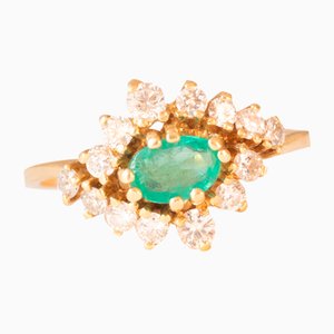 Vintage 14k Yellow Gold Daisy Ring with Emerald and Diamonds, 1970s