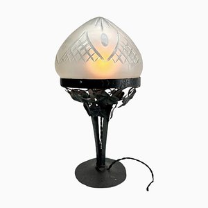Art Nouveau Table Lamp in Wrought Iron with Glass Shade in the style of Val Saint Lambert, 1930s