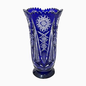 Bohemian Blue Cut to Clear Crystal Vase, 1980s