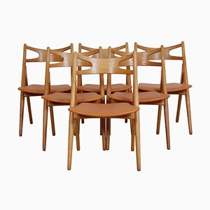 Sawbuck Dining Chairs in Oak and Cognac Anilin Leather by Hans Wegner, 1970s, Set of 6