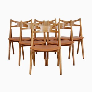 Sawbuck Esszimmerstühle aus Eiche & Cognac Anilin Leder von Hans Wegner, 1970er, 6 . Set